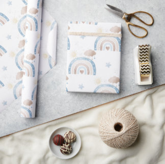 Ivory Blue Taupe Boho Rainbow Clouds Star Boy Gift Geschenkpapier