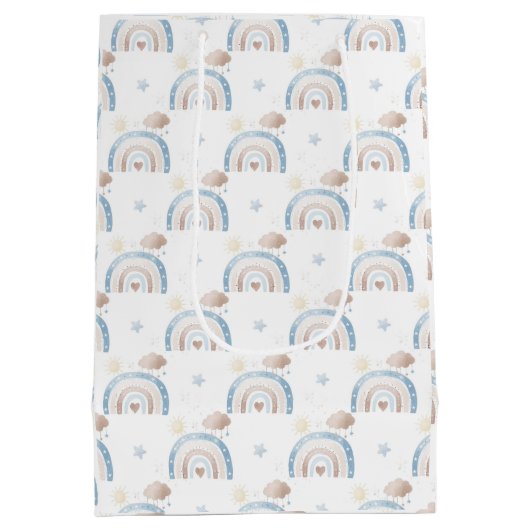 Ivory Blue Taupe Boho Rainbow Clouds Star Boy Gift Mittlere Geschenktüte (Rückseite)