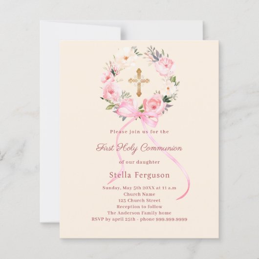 Ivory blush florals bow First Communion invitation (Vorderseite)