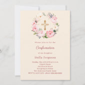 Ivory blush florals cross Confirmation Einladung (Vorderseite)
