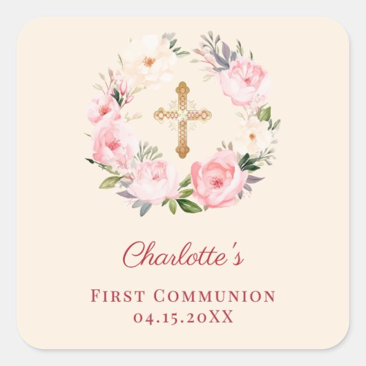 Ivory blush pink floral wreath First Communion Quadratischer Aufkleber (Vorderseite)