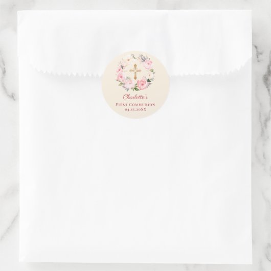 Ivory blush pink floral wreath First Communion Runder Aufkleber (Tasche)