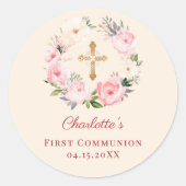 Ivory blush pink floral wreath First Communion Runder Aufkleber (Vorderseite)