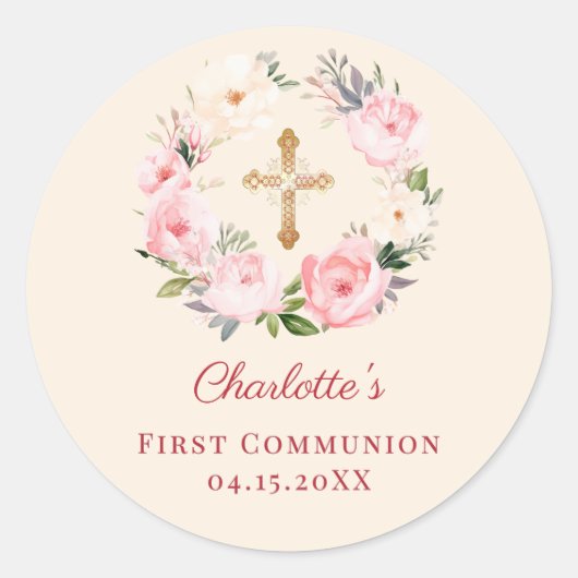Ivory blush pink floral wreath First Communion Runder Aufkleber (Vorderseite)