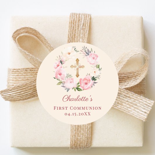 Ivory blush pink floral wreath First Communion Runder Aufkleber