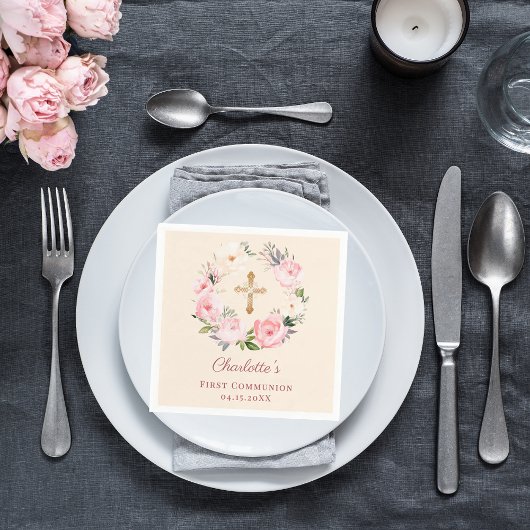 Ivory blush pink floral wreath First Communion Serviette