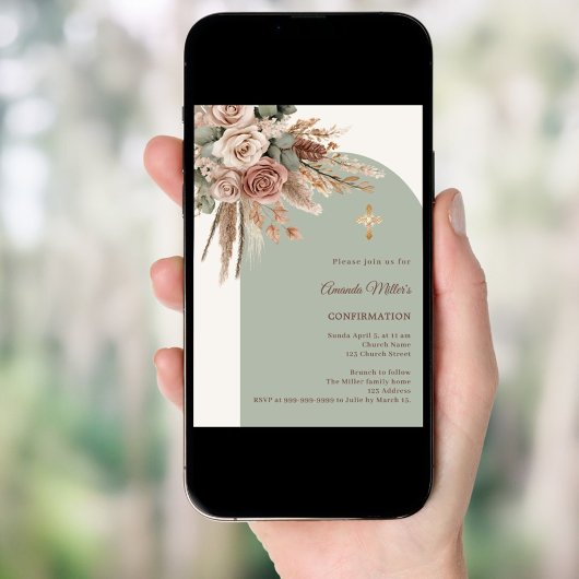 Ivory blush roses sage green arch Confirmation Einladung