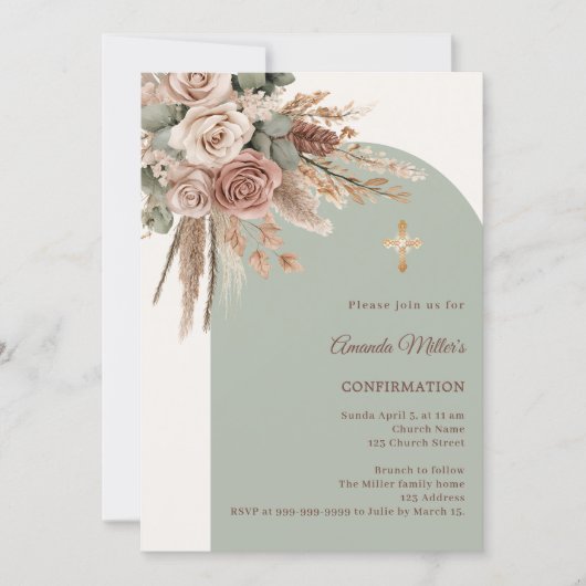 Ivory blush roses sage green arch Confirmation Einladung (Vorderseite)