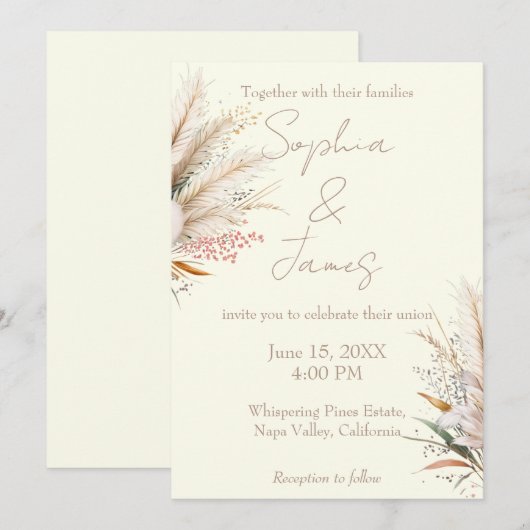 Ivory Boho Pampas Grass Wedding Einladung (Vorne/Hinten)