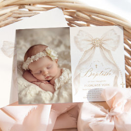 Ivory Bow Pearls Elegant photo Baptism Einladung