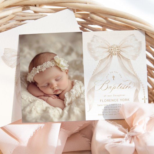 Ivory Bow Pearls Elegant photo Baptism Einladung