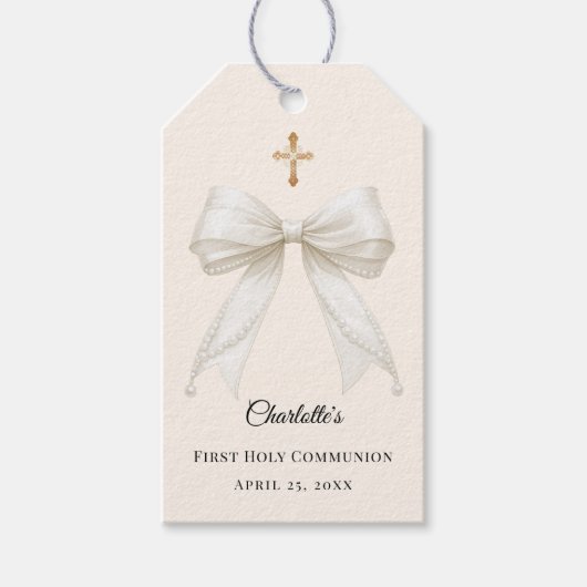 Ivory bow pearls First Holy Communion DIY Geschenkanhänger (Vorderseite)
