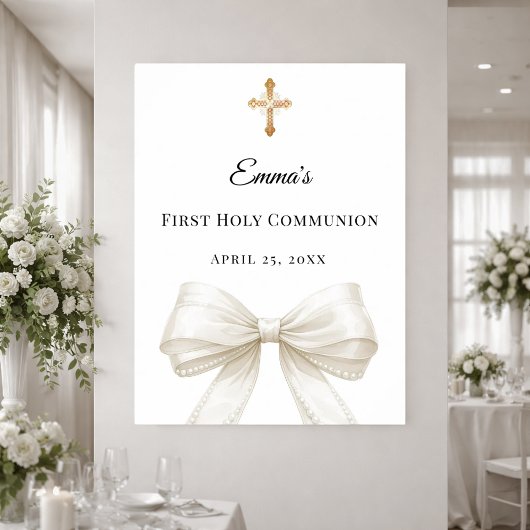 Ivory bow pearls First Holy Communion welcome Poster
