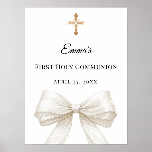 Ivory bow pearls First Holy Communion welcome Poster (Vorne)