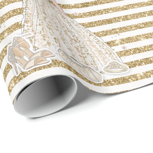 Ivory Brautparty Glitzer Gold Streifen Geschenkpapier (Rolleneckpunkt)