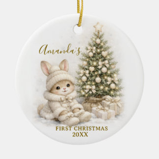 Ivory Bunny Rabbit First Christmas Keepsake Girl Keramik Ornament