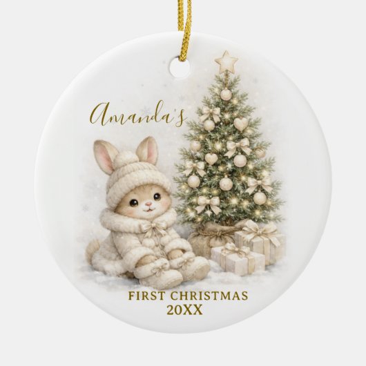 Ivory Bunny Rabbit First Christmas Keepsake Girl Keramik Ornament (Vorne)