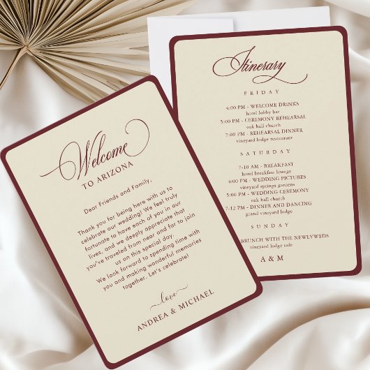 Ivory Burgundy Border Retro Wedding Itinerary Card Einladung
