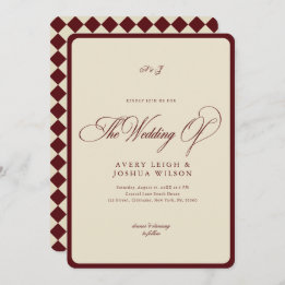 Ivory & Burgundy Checkered Border Retro Wedding Einladung