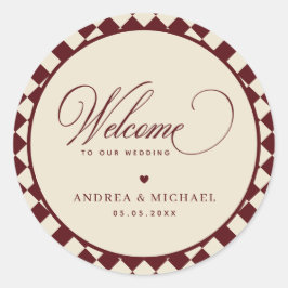 Ivory & Burgundy Checkered Retro Wedding Welcome Runder Aufkleber