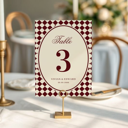 Ivory & Burgundy Checkered Wedding Table Number Einladung