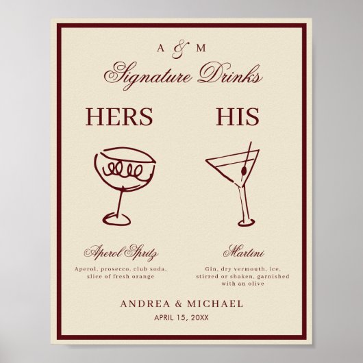 Ivory & Burgundy Retro Signature Drinks Sign Poster (Vorne)