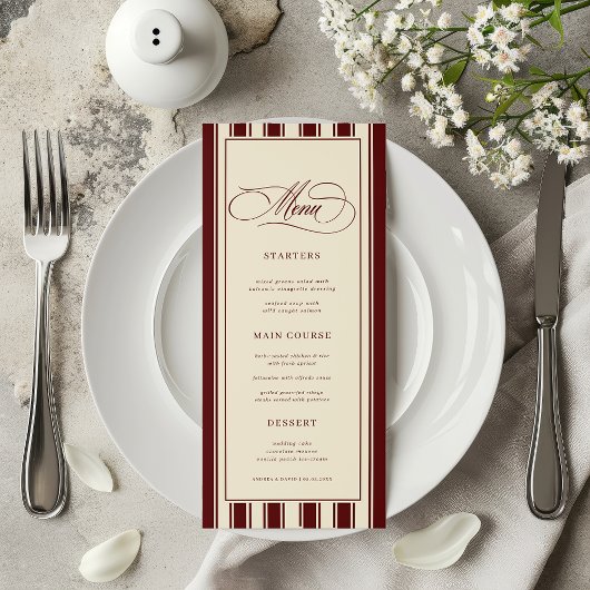 Ivory & Burgundy Stripes Border Retro Wedding Menükarte