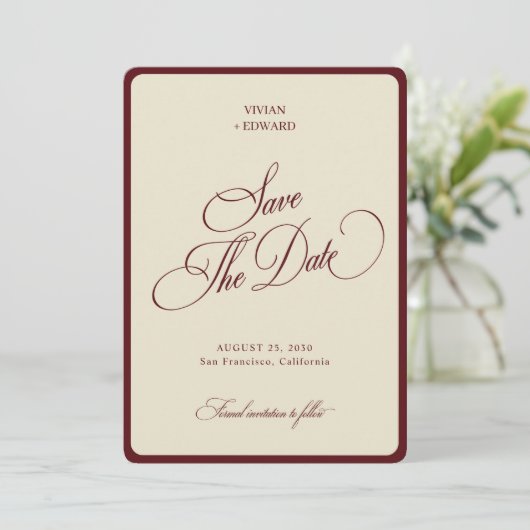 Ivory & Burgundy Stripes Border Retro Wedding Save The Date (Stehend Vorderseite)