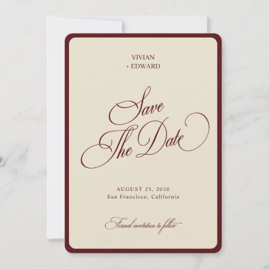 Ivory & Burgundy Stripes Border Retro Wedding Save The Date (Vorderseite)