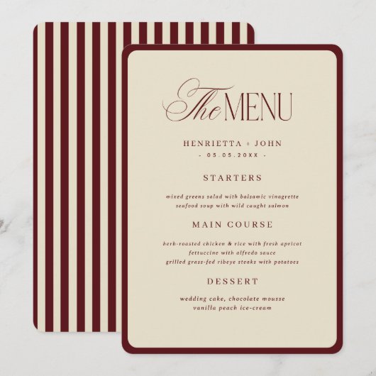 Ivory Burgundy Stripes Border Wedding Menu Card Einladung (Vorne/Hinten)