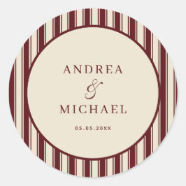 Ivory & Burgundy Stripes Retro Custom Wedding Runder Aufkleber