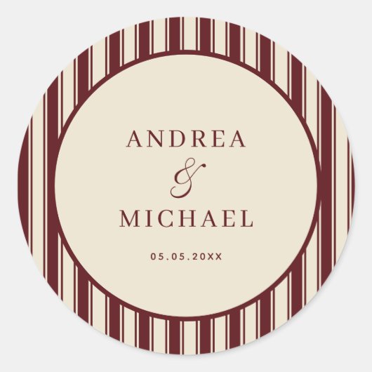 Ivory & Burgundy Stripes Retro Custom Wedding Runder Aufkleber (Vorderseite)
