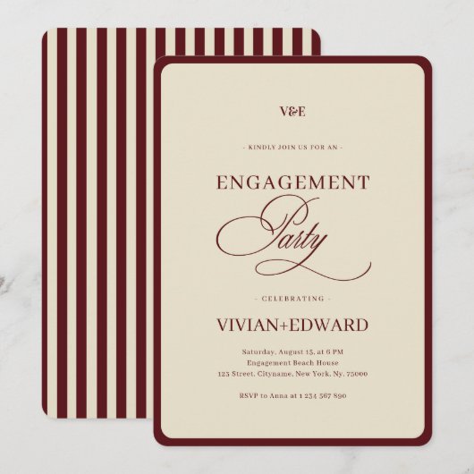 Ivory & Burgundy Stripes Retro Engagement Party Einladung (Vorne/Hinten)