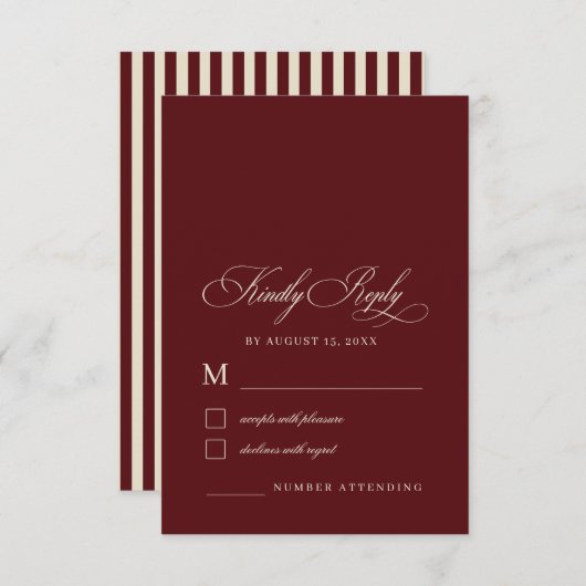 Ivory & Burgundy Stripes Retro Old Money Wedding RSVP Karte (Vorne/Hinten)