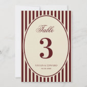 Ivory Burgundy Stripes Retro Wedding Table Number Einladung (Vorderseite)