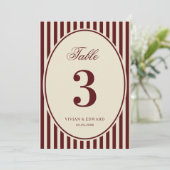 Ivory Burgundy Stripes Retro Wedding Table Number Einladung (Stehend Vorderseite)
