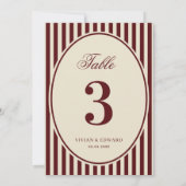 Ivory Burgundy Stripes Retro Wedding Table Number Einladung (Rückseite)