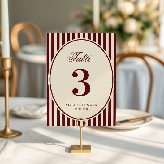 Ivory Burgundy Stripes Retro Wedding Table Number Einladung