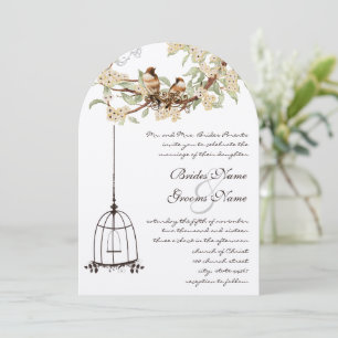 Ivory Cherry Blossom Lovebird Birdcage Wedding Einladung