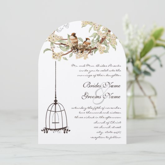 Ivory Cherry Blossom Lovebird Birdcage Wedding Einladung (Stehend Vorderseite)