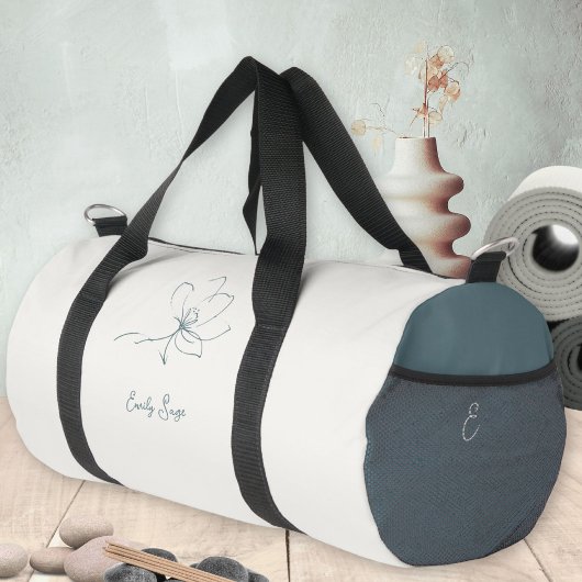 Ivory Coastal Blue Floral Line Art Minimalist Zen Duffle Bag
