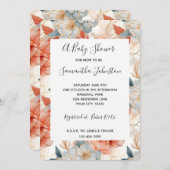 Ivory Coral Blue Floral Baby Dusche Einladung (Vorne/Hinten)