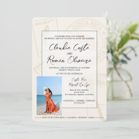 Ivory Costa Rica Pass Einladung Hochzeit (Stehend Vorderseite)