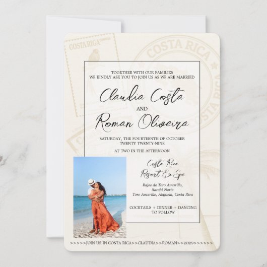 Ivory Costa Rica Pass Einladung Hochzeit (Vorderseite)
