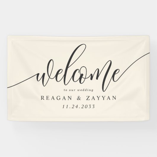 Ivory Cream Calligraphy Simple Wedding Willkommen Banner (Horizontal)