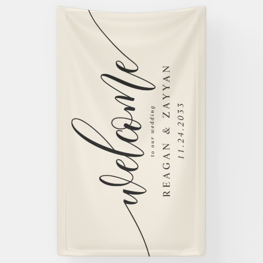 Ivory Cream Calligraphy Simple Wedding Willkommen Banner (Vertikal)
