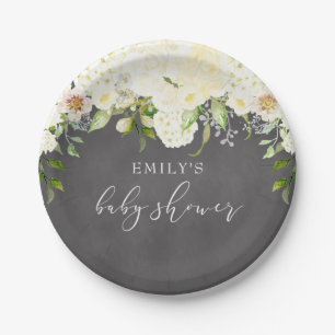 Ivory Cream Floral Greenery Chalkboard Babydusche Pappteller