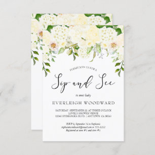 Ivory Cream Floral Greenery Sip and See Baby Einladung