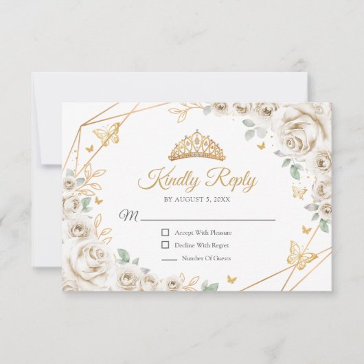 Ivory Cream Gold Floral Quinceanera Reply RSVP Karte (Vorderseite)