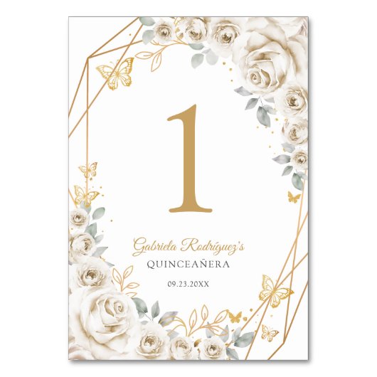 Ivory Cream Gold Floral Quinceanera Tischnummer (Vorderseite)